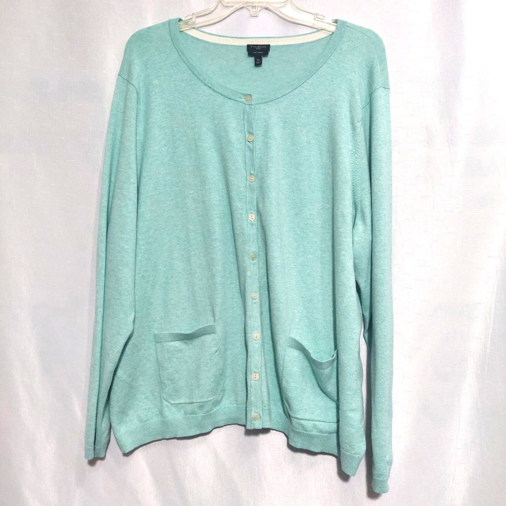 Talbots Womens 3X Knit Pima Cotton Cardigan Sweater Mint Green Casual Grandma